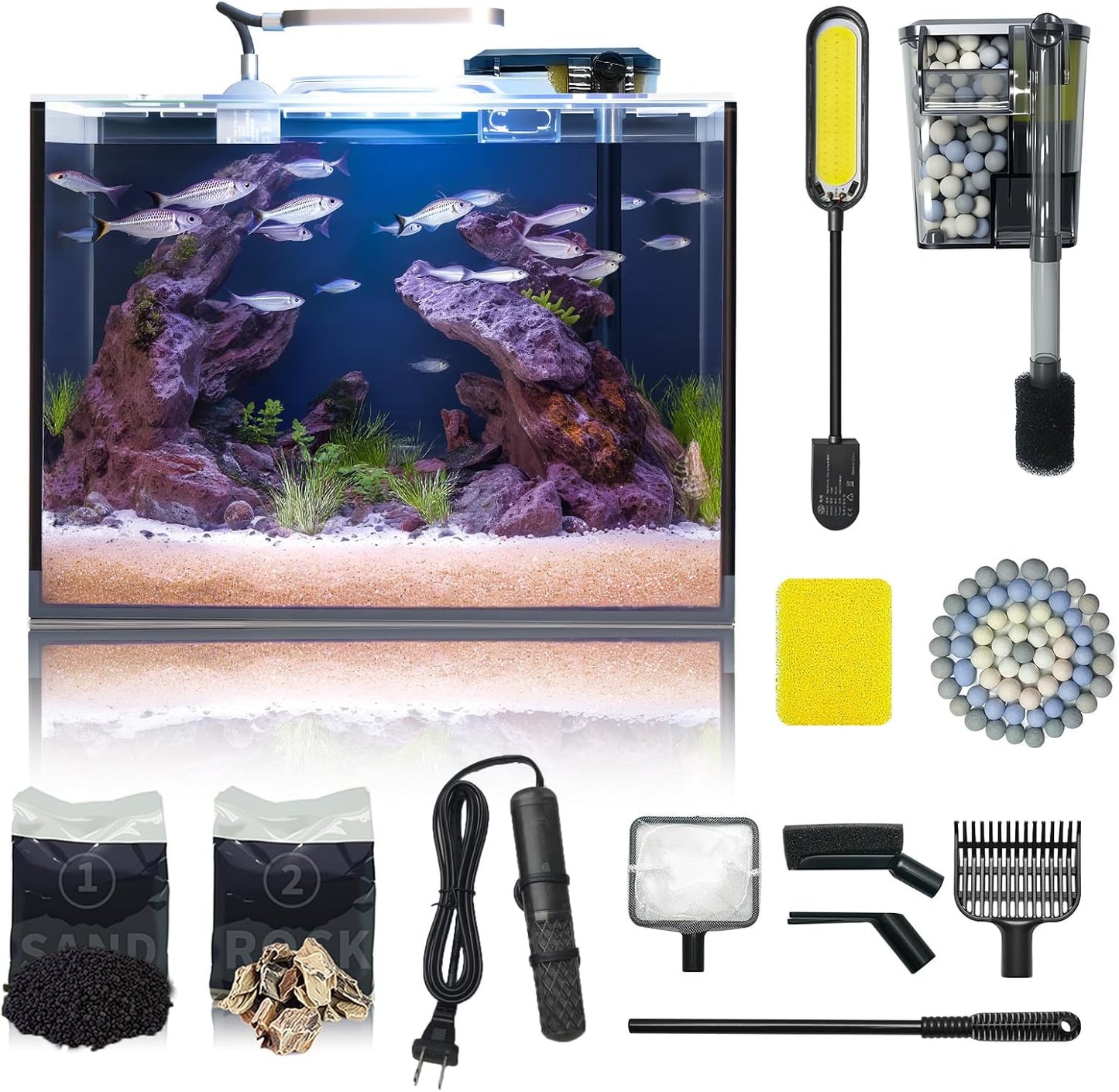 5 Gallon Small Aquarium Set Glass Fish Tank 6 Gallon, Starter Kit with Heater Water Pump Cleaning System Filter Bright Light Rocks Gravel Cleaning Tool, Leak-Proof Clear Rimless Betta Plants