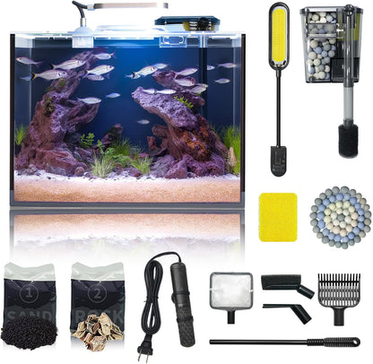 5 Gallon Small Aquarium Set Glass Fish Tank 6 Gallon, Starter Kit with Heater Water Pump Cleaning System Filter Bright Light Rocks Gravel Cleaning Tool, Leak-Proof Clear Rimless Betta Plants