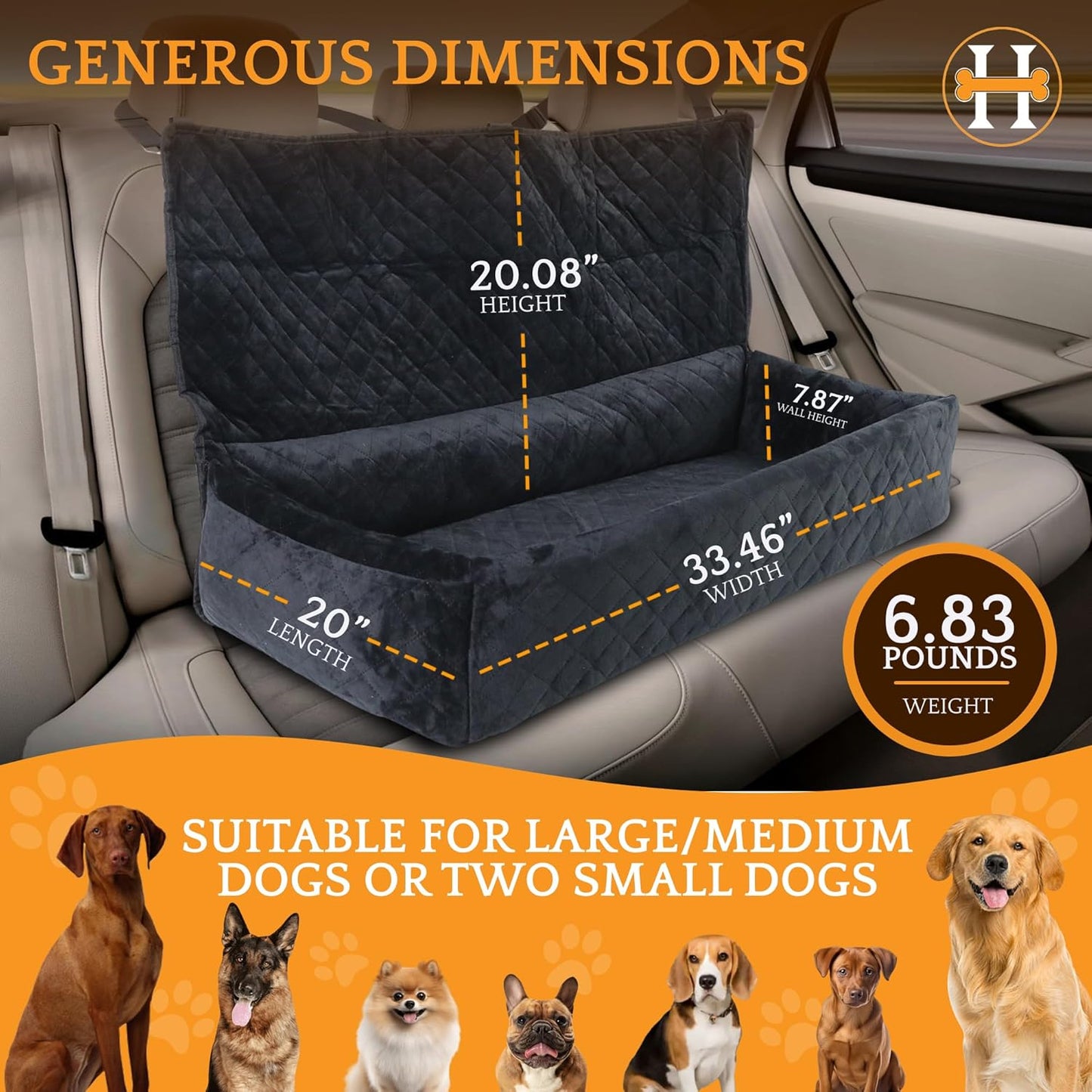 Dog Car Seat for Large Dogs Under 100LBS - Pet Booster Back Seat Bed with Safety Tethers & Storage Pocket, Removable Washable Travel Safety Car Accessory Only for Back Seat (Black)