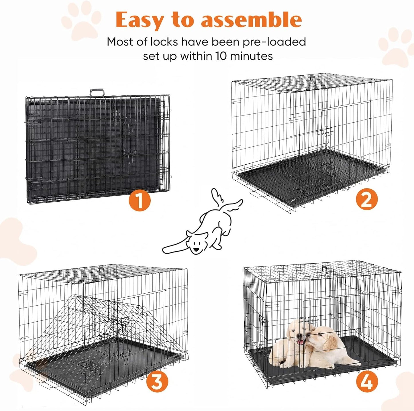 Sweetcrispy Dog Crate, 48 Inch Double Door Folding Metal Wire Dog Cage with Plastic Leak-Proof Pan Tray, Extra Large Pet Kennel for Indoor, Outdoor, Travel