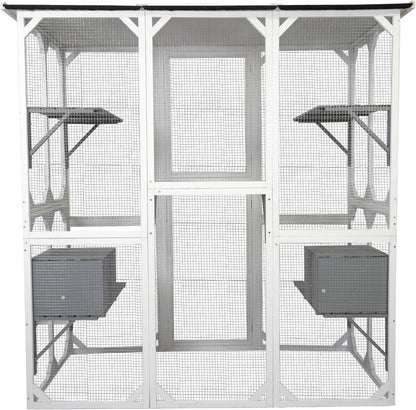 Wooden Outdoor Cat Cage with Asphalt Roof,Cat House with Jump Platforms and Sleeping Nook, Weatherproof Cat Enclosure for Indoor/Outdoor Use, Stylish & Spacious Design,70" L x 37" W x 71" H White