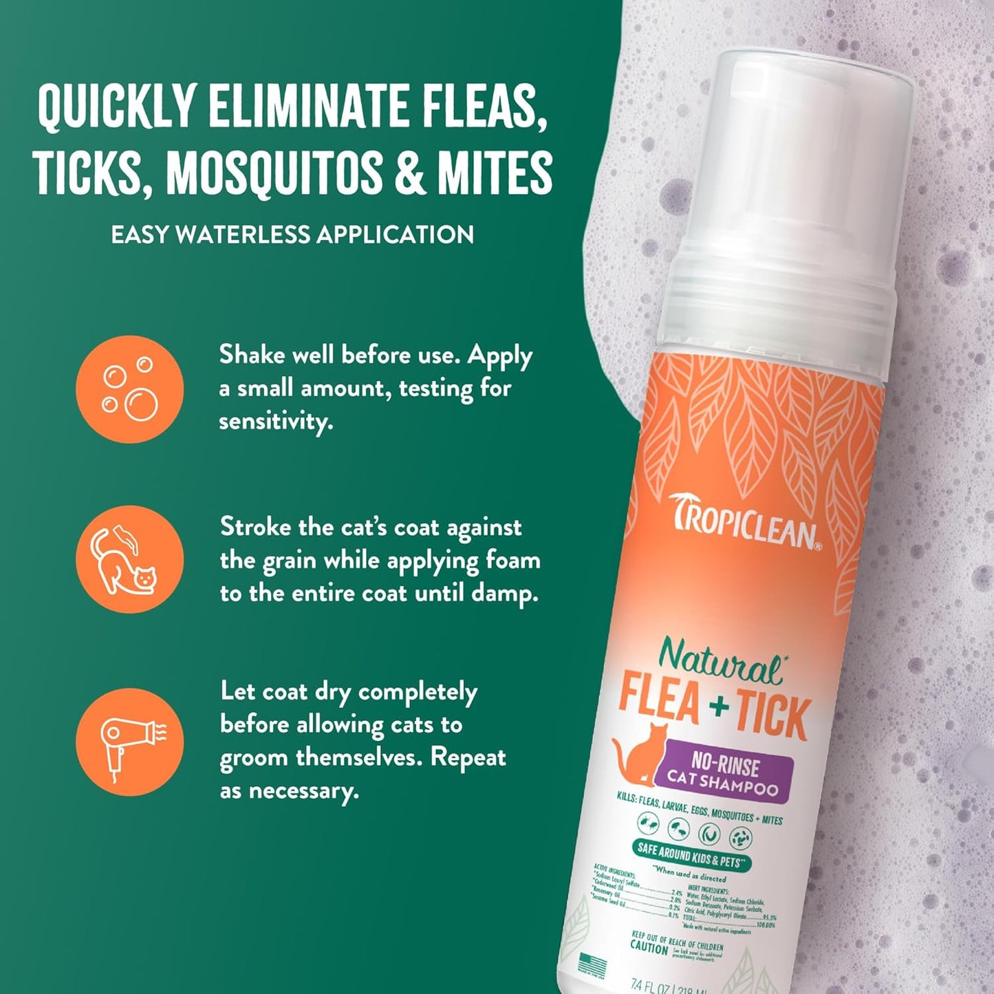TropiClean Flea and Tick Waterless Shampoo Treatment for Cats, Powerful & Natural Defense, Flea and Tick Prevention for Cats, Made in USA, 7.4oz