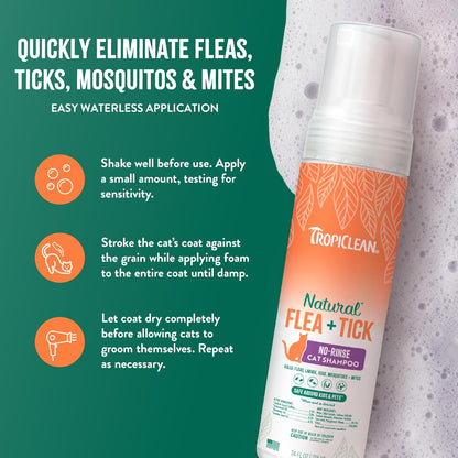 TropiClean Flea and Tick Waterless Shampoo Treatment for Cats, Powerful & Natural Defense, Flea and Tick Prevention for Cats, Made in USA, 7.4oz