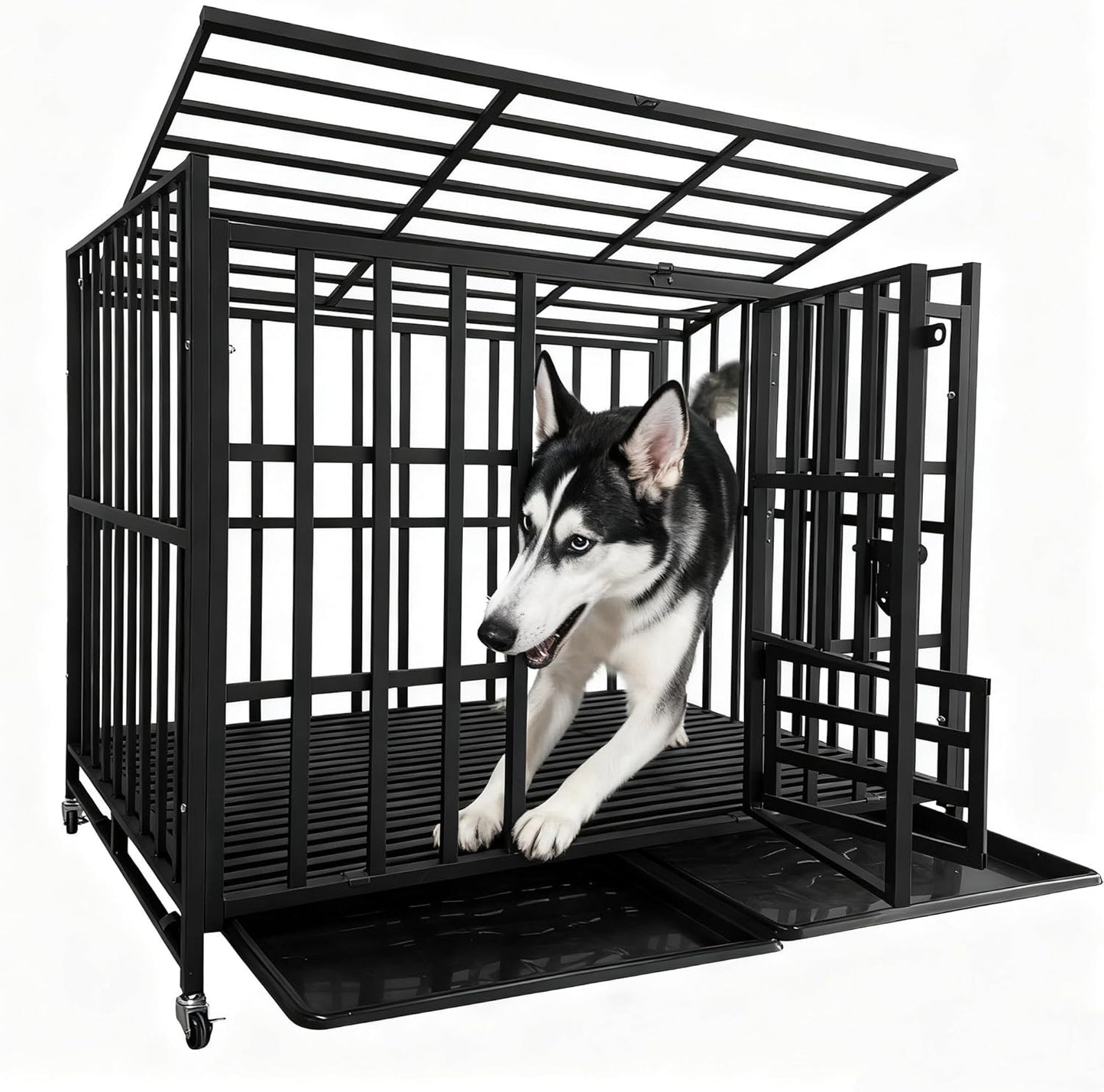 42Inch Heavy Duty Dog Crate, Indestructible & Escape-Proof Steel Kennel for Large High-Anxiety Dogs, with 3 Door, 4 Lockable Wheels, Reinforced Baseplate & 2 Removable Tray (42)