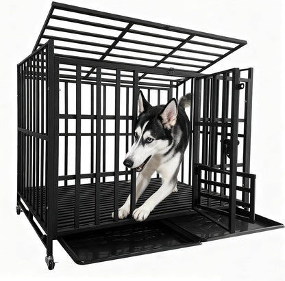 42Inch Heavy Duty Dog Crate, Indestructible & Escape-Proof Steel Kennel for Large High-Anxiety Dogs, with 3 Door, 4 Lockable Wheels, Reinforced Baseplate & 2 Removable Tray (42)