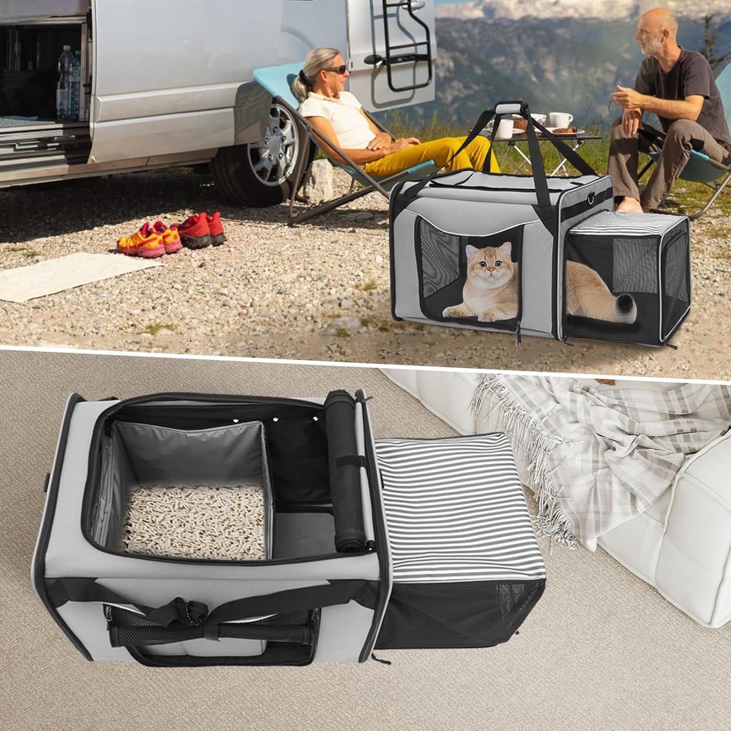 24"x17"x16" Extra Large cat Condo Enclosure with Litter Box, Collapsible Large Cat Travel Carrier for Car, Soft-Sided Expandable Large Cat Enclosures for Cats Under 30 lbs