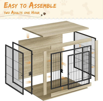 Greesum Modern Dog Crate Furniture That Doubles as a Side Table - Sturdy Wooden Kennel with Front & Side Door Access, Plush Cushion & Chew-Resistant Design for All Dog Sizes
