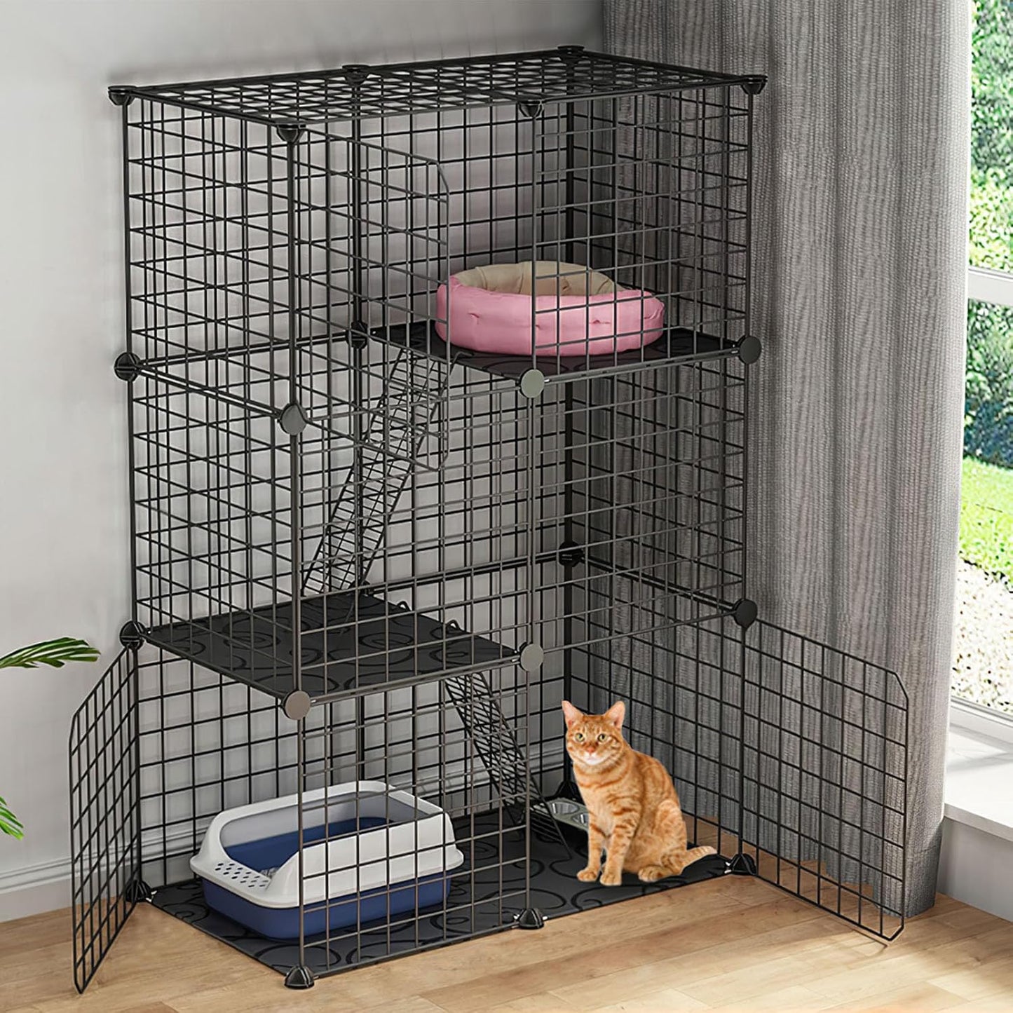 Large 3-Tier Cat Cage, Indoor Cat Enclosures Pliable DIY Cat Playpen, Detachable Metal Wire Kennels Cat Crate Box House with 3 Doors 2 Ramp Ladders for 1-2 Cats, 28.3"L x 14.1"W x 42.2"H,Black