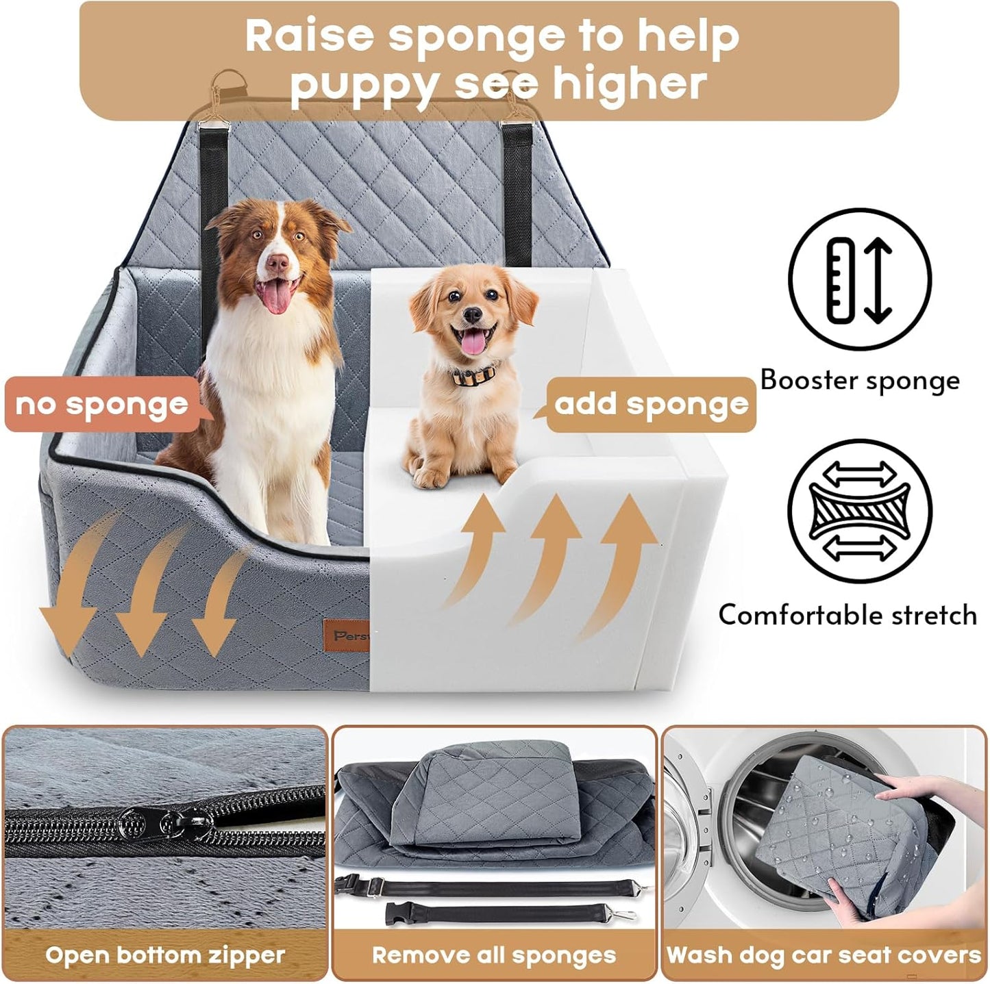 Dog Car Seat for Large-Medium Dogs: Pet Car Seat, Detachable Washable Dog Booster Seat, Pet Travel Bed with Storage Pockets and Dogs Safety Belt (Grey, Large)