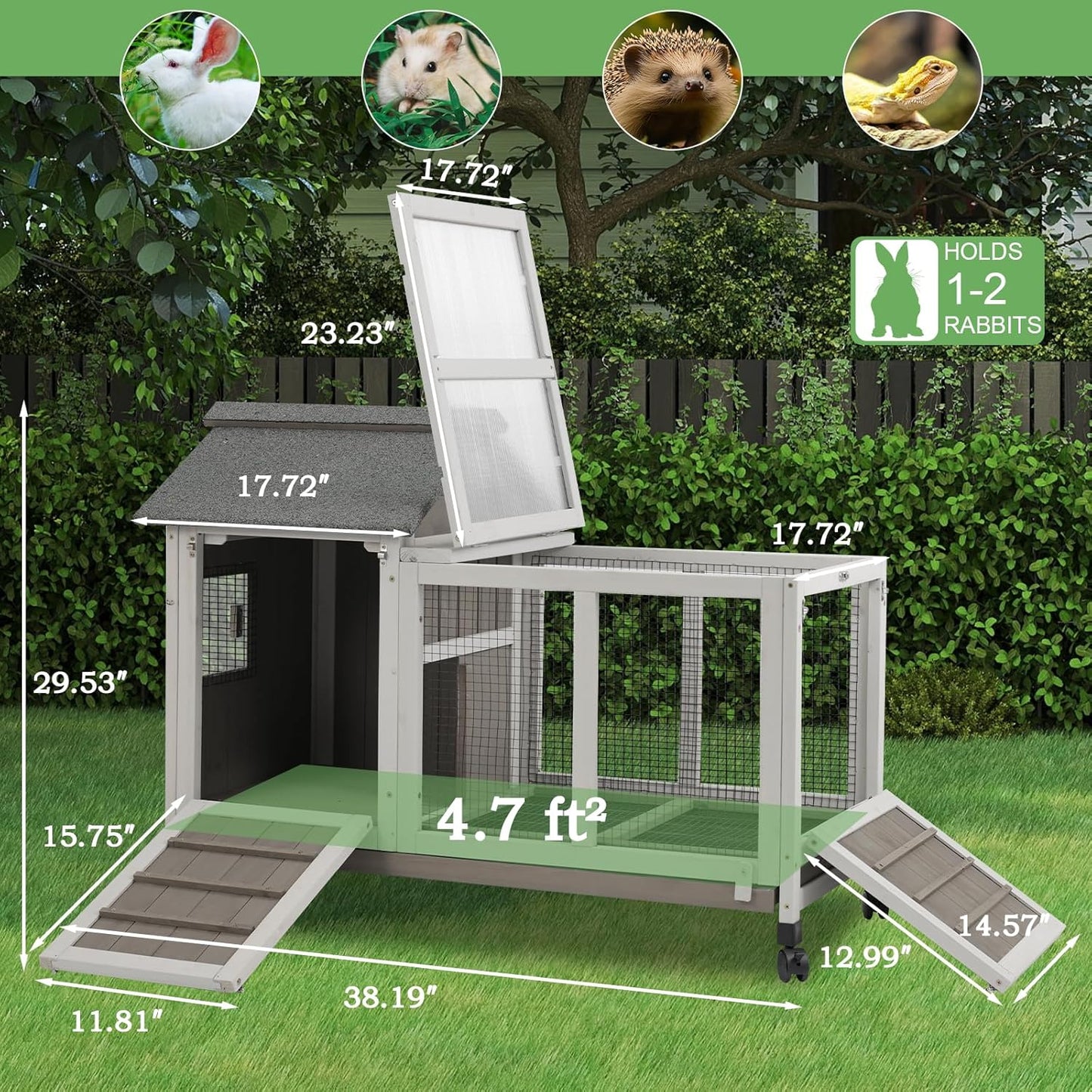 38.19"L Rabbit Hutch Indoor and Outdoor with 4 Wheels,Wooden Rabbit Cage with Pull Out Leak-Proof Tray for 1-2 Rabbits,Bunny Hutch with Asphalt Roof Suitable for Garden,Park,Living Room,Grey