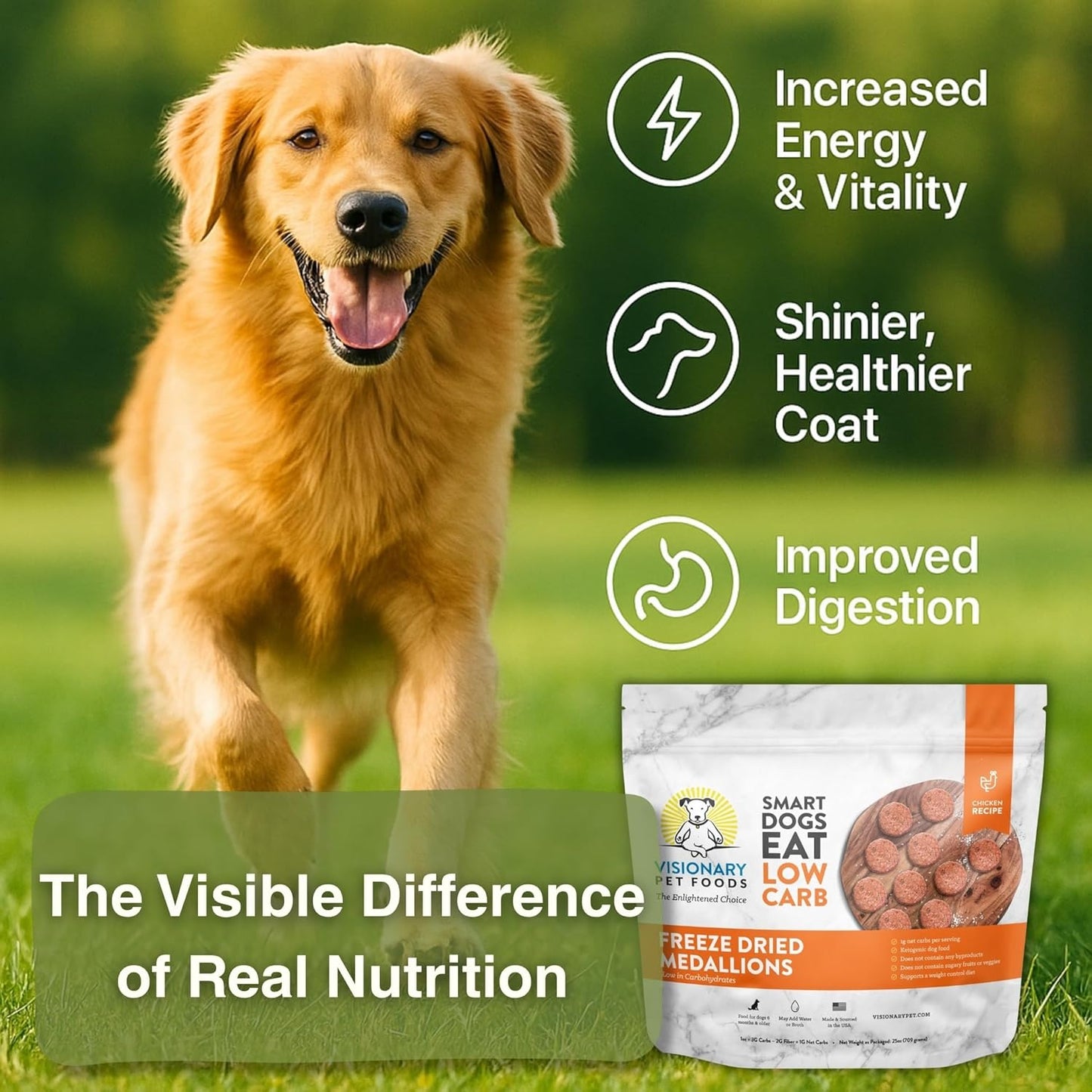 Visionary Pet Foods Low Carb Keto Dog Food <1g Net Carbs Freeze Dried Chicken Diabetic Friendly Made in USA 155 Medallions