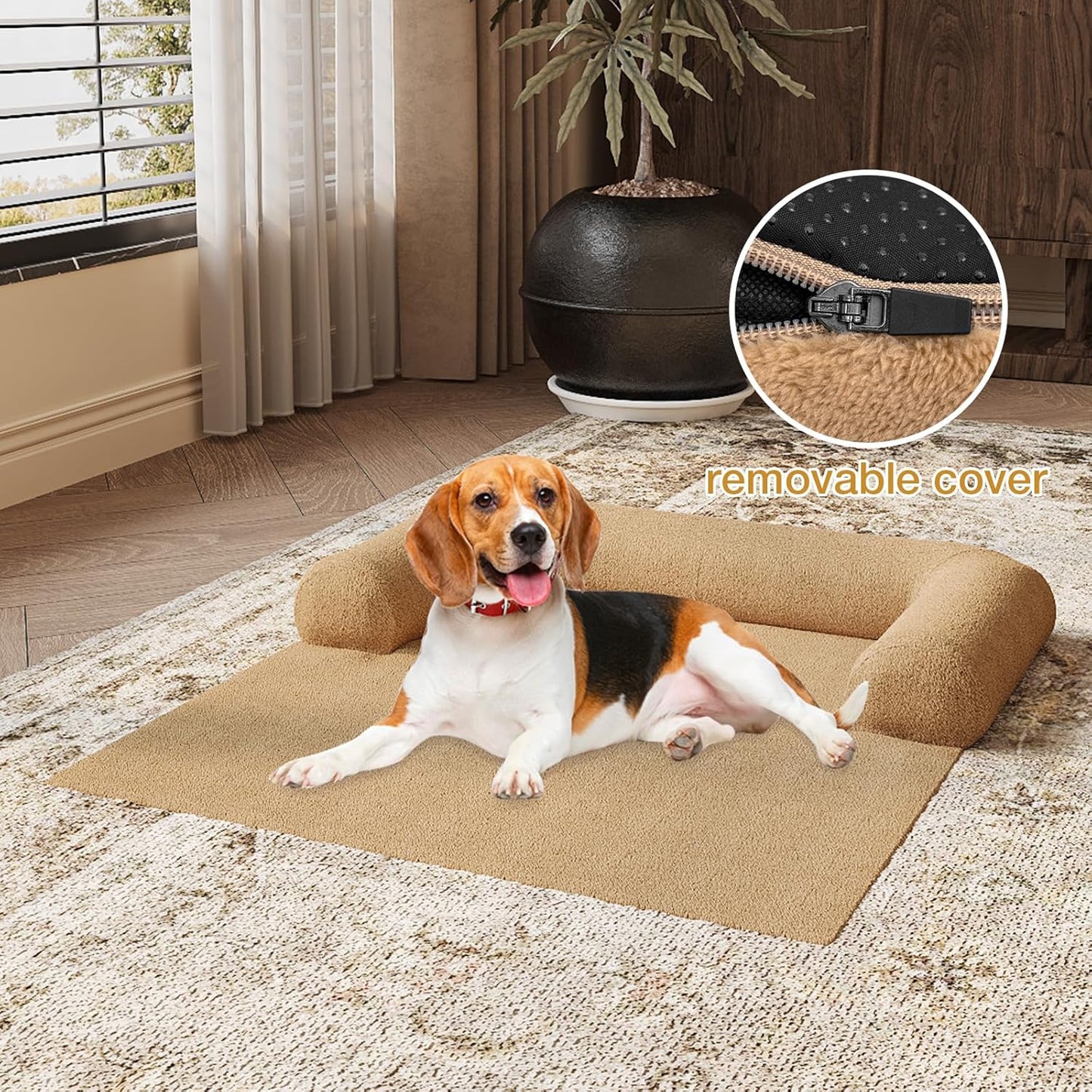 Orthopedic Dog Bed for Large Dogs, Washable Sofa Protector Pet Bed with 3-Sided Bolster, Shredded Memory Foam & Plush Support, Non-Slip Bottom for Medium & Small Dogs