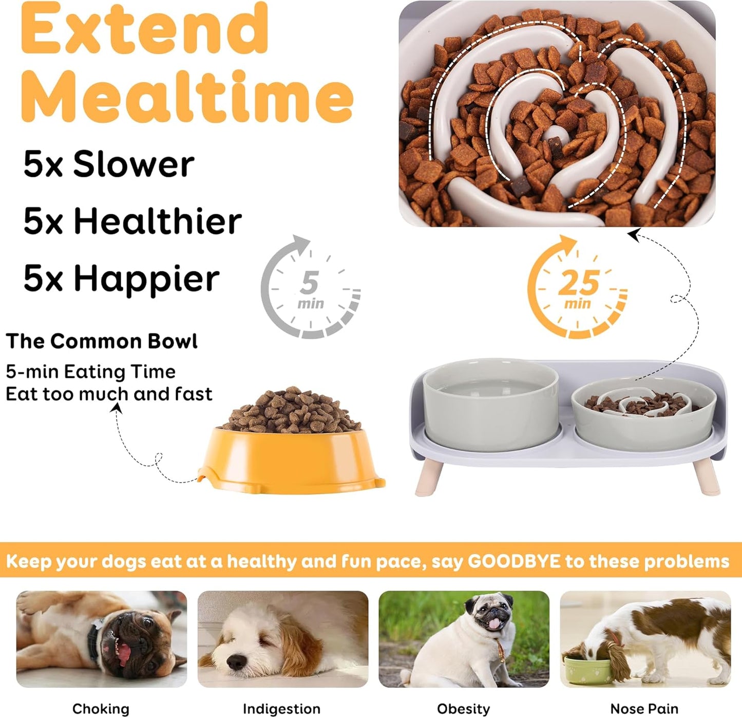 Dog Food and Water Bowl Set - Ceramic Slow Feeder Bowl & Raised Double Dish with Splash-Proof Stand - Feeding Combo for Medium Dogs