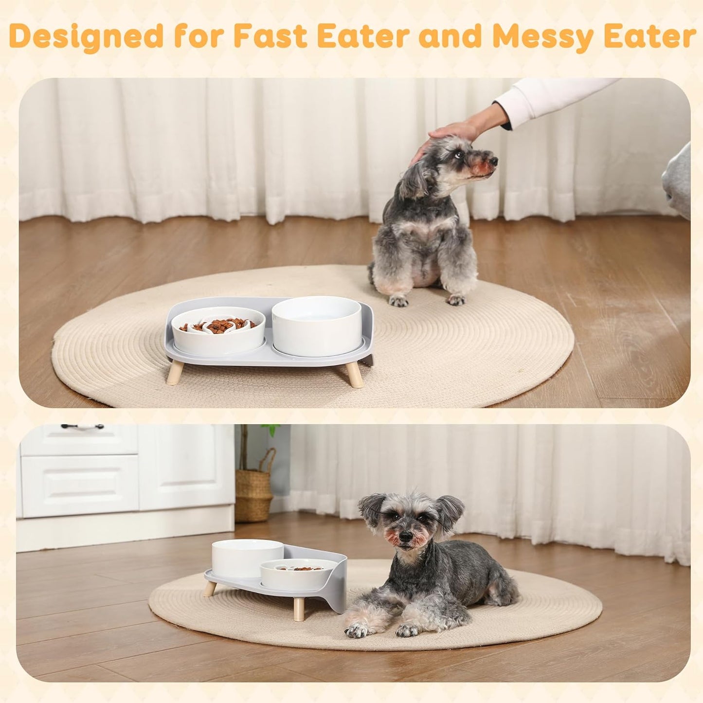 Elevated Slow Feeder Dog Bowls - Ceramic Food and Water Bowl Set with Stand - Raised Pet Dishes for Small and Medium Sized Dogs