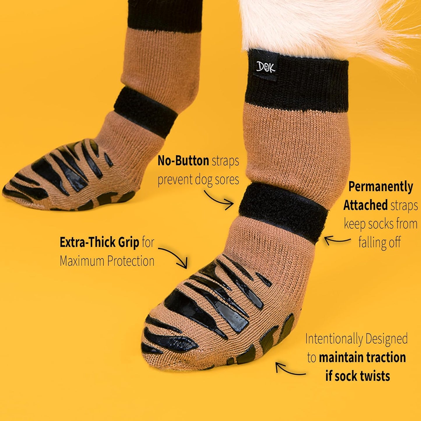 DOK TigerToes Premium Non-Slip Dog Socks for Hardwood Floors - Extra-Thick Grip That Works Even When Twisted - Prevents Licking, Slipping, and Great for Dog Paw Protection (XXS, Cool Caramel)