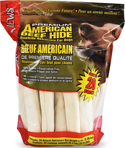 Canine Chews 10-11" Rawhide Bones for Large Dogs, Durable USA Beefhide Dog Rawhide Chews, Retriever Rolls 20 Pack (5 lbs)