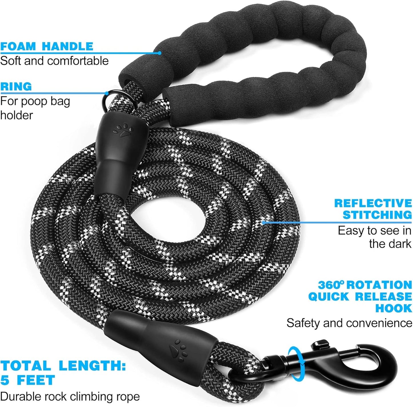 5 FT Heavy Duty Dog Leash with Comfortable Padded Handle Reflective Dog leashes for Medium Large Dogs