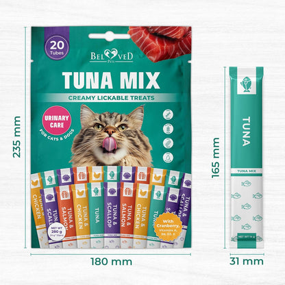 Beloved Pets Creamy Lickable Cat Treats & Wet Food Squeeze Tubes – Liquid Kitten Snacks, Urinary Tract Care, Multivitamin Treats for Cats, & Small Dogs, Lick Up 20 Sticks Tuna Mix