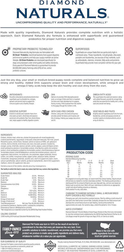 DIAMOND NATURALS Real Meat Small & Medium Breed Puppy Formula Dry Dog Food Protein, Probiotics and Antioxidants, 6 Pound