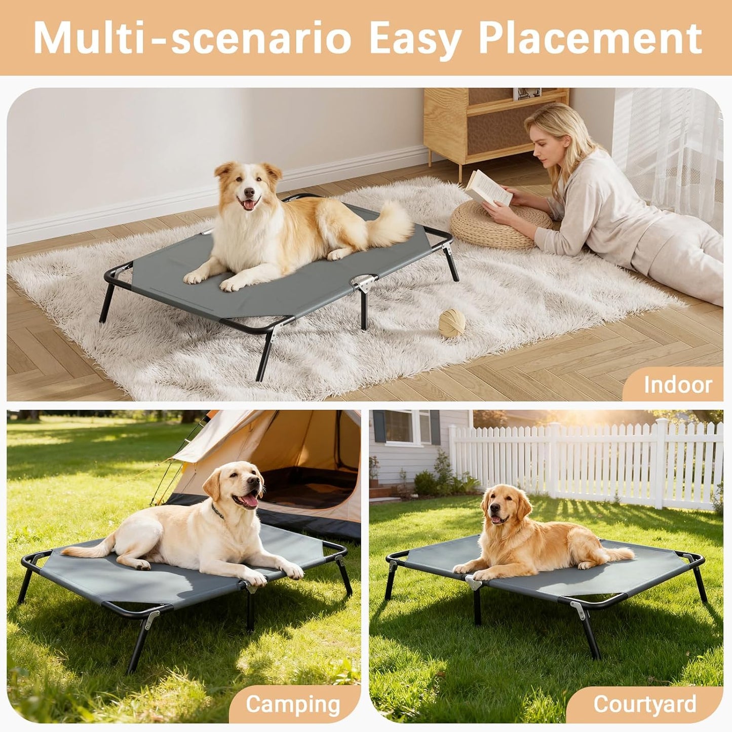 Elevated Outdoor Dog Bed for Large Dogs, Portable Folding Camping Dog Bed, Washable Elevated Pet Beds with No-Slip Feet, Raised Cooling Pet Beds for Indoor & Outdoor Use, Grey, 44 Inches