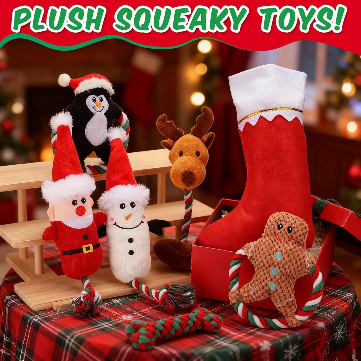 7 Pcs Christmas Dog Toys Christmas Squeaky Interactive Dog Toys with Crinkle, Plush Pet Chewing for S/M/L Dogs to Keep Busy Santa, Penguin, Snowman, Deer, Gingerbread Man, Stocking, Bone