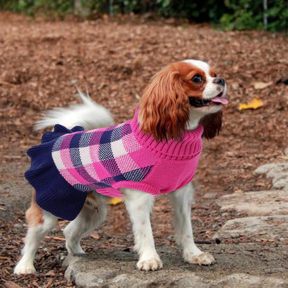 Dog Sweater Dress Plaid Knitwear for Small Medium Dogs Warm Puppy Pet Turtleneck Stretch Pullover Cute Fall Winter Vest Clothes with Leash Hole for Christmas (Navy, L)