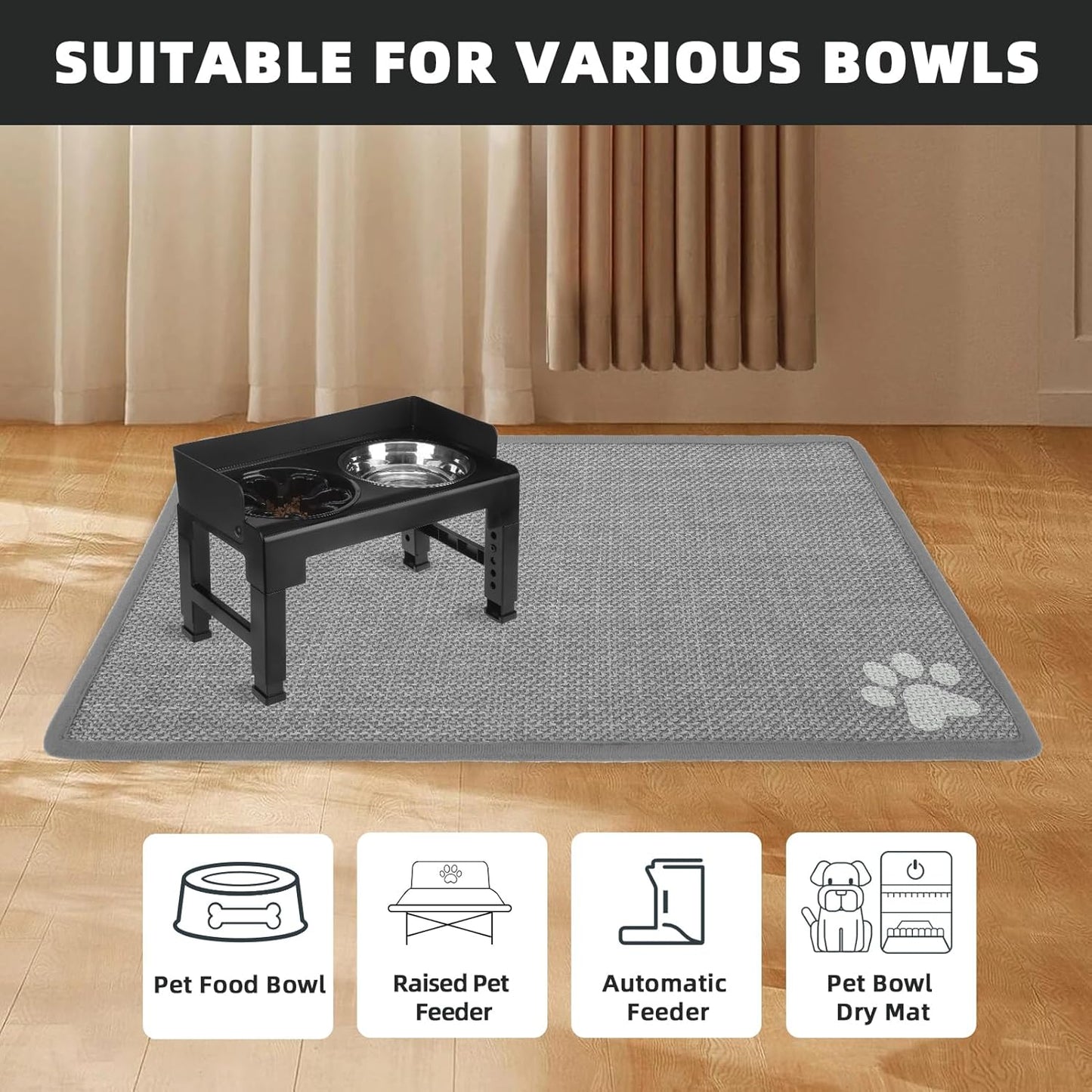 PUPTECK Dog Food Mat, Absorbent Pet Cat Feeding Mat for Food and Water Bowls, Anti-Slip Dog Placemat for Floors Waterproof, Pet Supplies Accessories, Grey Paw S