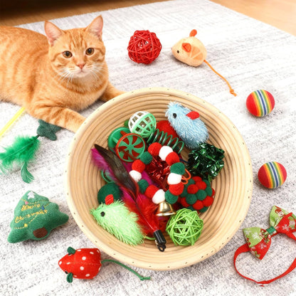 30 Pcs Assorted Christmas Cat Toy Interactive Gifts with Wand Collar Rattan Ball Christmas Bell Mouse Caterpillar Kitten Play Toy Stuff Indoor Outdoor