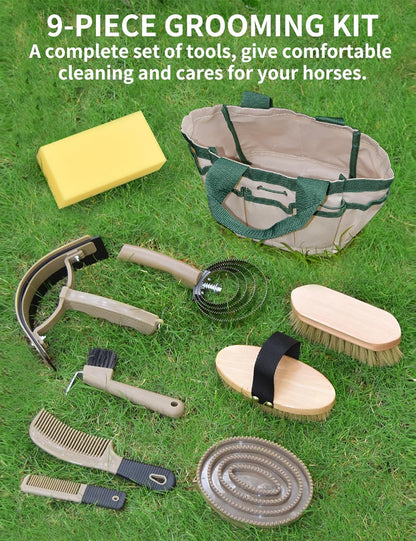 Professional 10 Pieces Horse Grooming Kit with Tote Bag, Horse Brush & Curry Comb Set for Effective Grooming and Bathing, Equine Coat Care Tack Room Supplies, Horse Gifts for Girls
