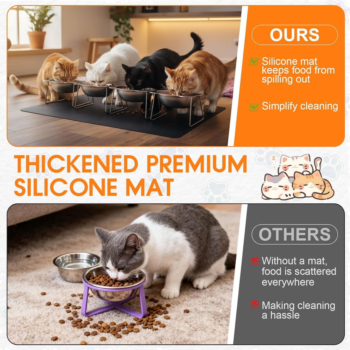 4 Set Elevated Cat Food Water Bowls 15°Tilted Stand Anti Vomiting Raised Dishes with Food Silicone Mat Stainless Steel Whiskers Friendly Cat Bowls for Multiple Cats and Puppy