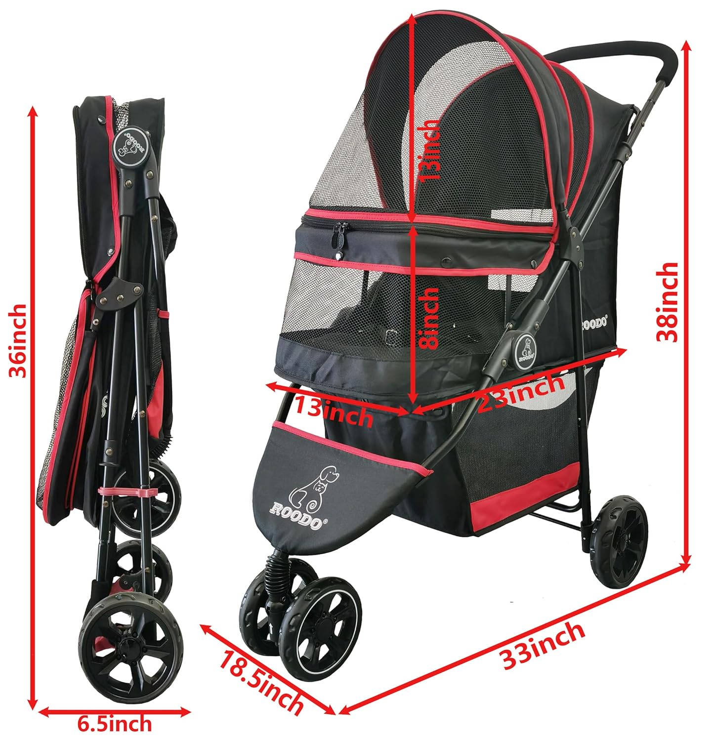 ROODO Escort 3 Wheel Dog Cat Pet Stroller for Small/Medium Dogs Cats Best Lightweight Foldable Portable Compact Jogger Travel All Terrain Pet Gear System Puppy Doggie Bunny Kitty Stroller(Black)