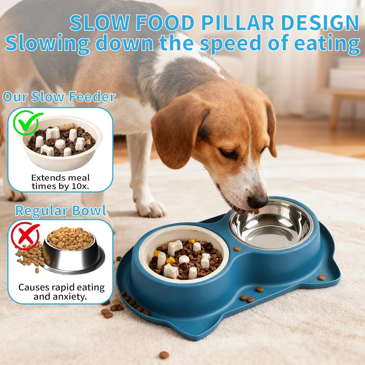 Slow Feeder Dog Food Bowls:Non-Spill/Skid/Ant Prevention Stainless Steel Food & Water Dish Set for S/M/L Size Dogs, Cats, Puppy Pets to Slow Down Feeding (Blue)