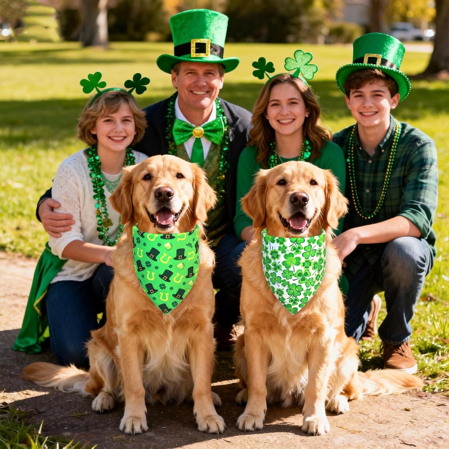 St. Patrick’s Day Bandanas 2-Pack - Reversible Leprechaun Hats Shamrock Scarf for Medium to Large Dogs, Green & White Costume Accessories for Irish Gift