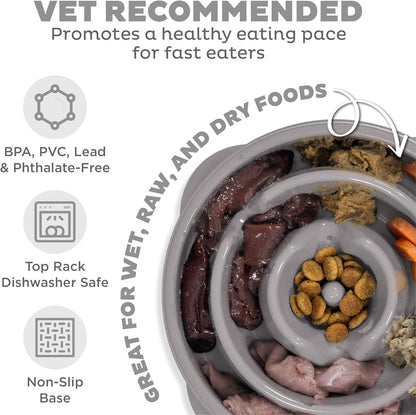 Outward Hound Medium Slow Feeder Bowl, Puzzle Maze for Fast Eaters, Small to Medium Dogs, Helps Prevent Bloat & Aid Digestion, Holds 2 Cups Wet or Dry Food, Non-Slip, Made Without BPA, Gray