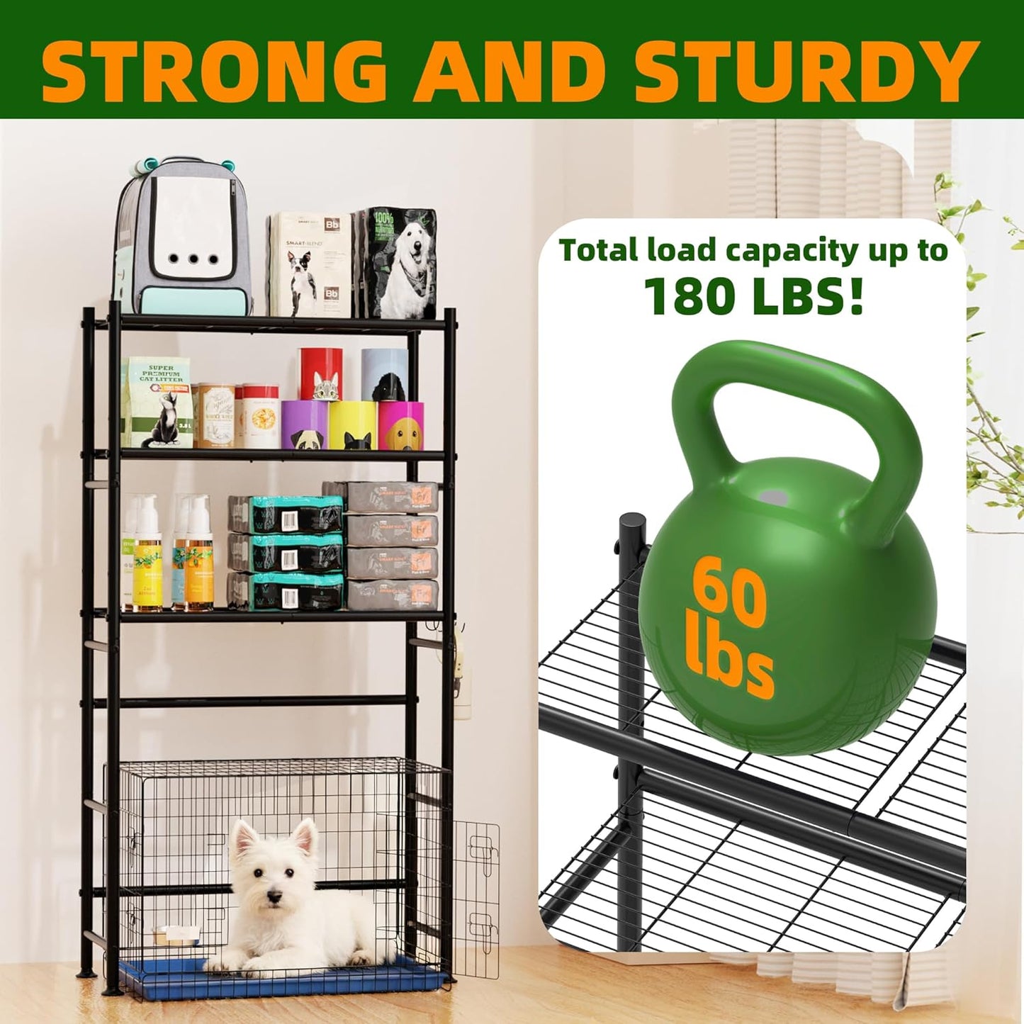 Over The Dog Crate Storage Shelf, 3-Tier Metal Dog Crate Furniture Stand for Most Breed Sizes, Freestanding Above The Cat Litter Box Shelves, Pet Supplies Organizer with Adjustable Feet, Black
