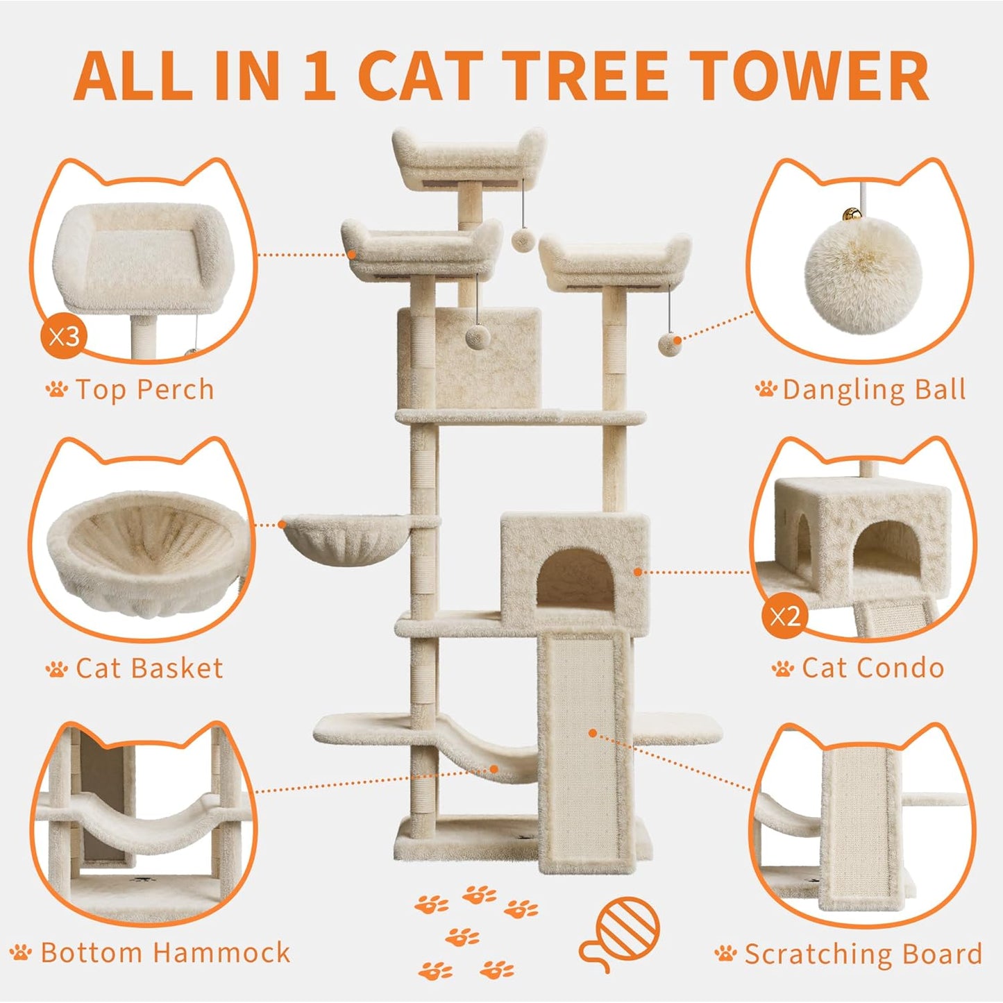 68.5" Heavy Duty Multi-Level Cat Tree Tower for Large Indoor Cats 20 lbs+, Soft Condo, Sisal Scratching Posts, Hammocks, Basket, Dangling Ball, Perches, Activity Platform – Beige, 2605 Model