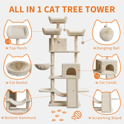 68.5" Heavy Duty Multi-Level Cat Tree Tower for Large Indoor Cats 20 lbs+, Soft Condo, Sisal Scratching Posts, Hammocks, Basket, Dangling Ball, Perches, Activity Platform – Beige, 2605 Model