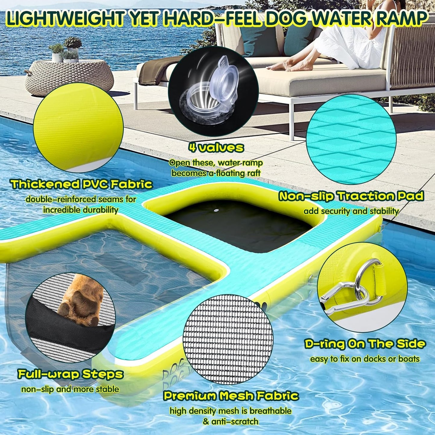 2 in 1 Dog Pool Float & Water Ramp,Upgrated Inflatable Dog Boat Ramp,63" Lx47 W Floating Dock for Medium Large Dog Up to 180LBS,Non-Slip(EVA) for Safety,High Stability,Ladder for Boat,Lake