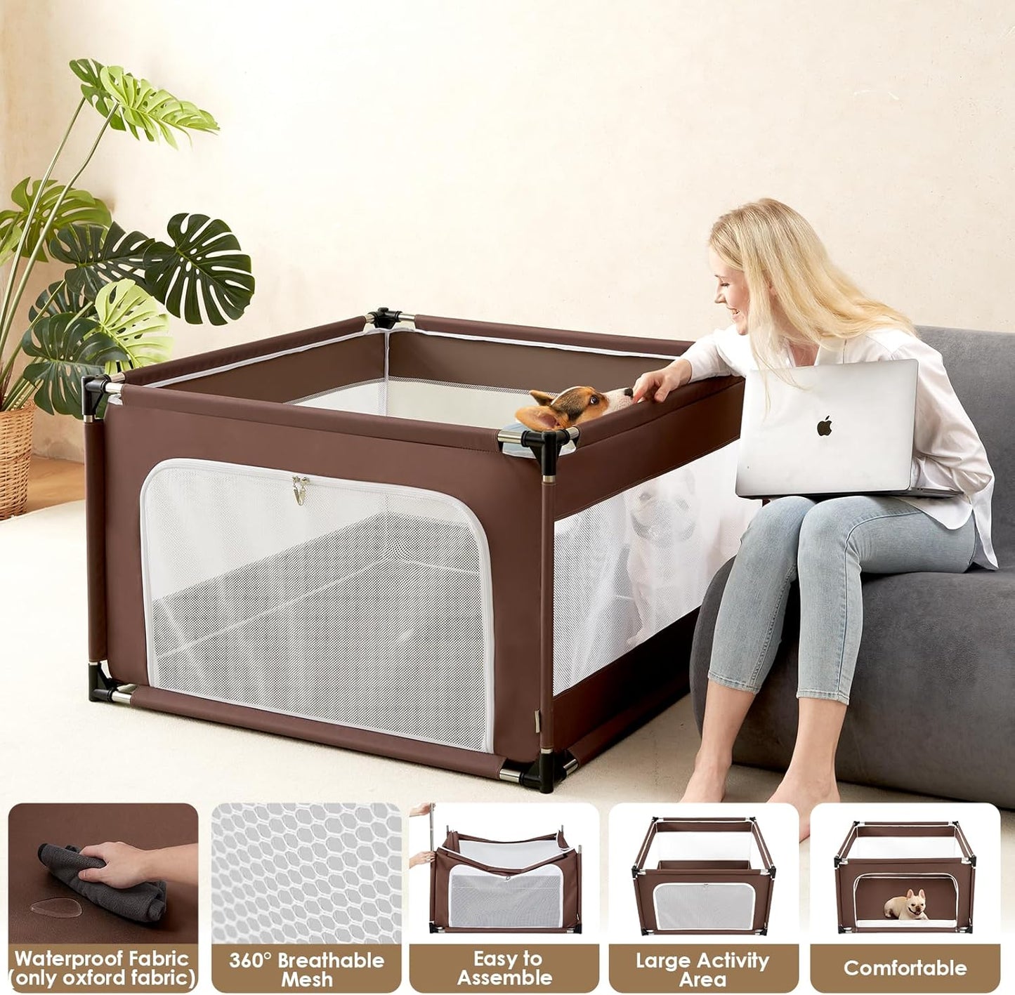 EHEYCIGA 42x42x26 Inches Puppy Playpen Without Top Cover for Dogs & Cats Indoor or Outdoor - Dog Playpen with Door, Dog Fence for Small Animal with Heavy-Duty Oxford & Steel Frame, Brown