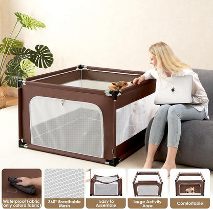 EHEYCIGA 42x42x26 Inches Puppy Playpen Without Top Cover for Dogs & Cats Indoor or Outdoor - Dog Playpen with Door, Dog Fence for Small Animal with Heavy-Duty Oxford & Steel Frame, Brown