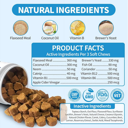 Flea and Tick Prevention for Cats Chewables 230 Soft Treats - Flea and Tick Chews Supplement, Vet Recommended Supplement Chews, Skin & Coat Support for Cats, Kitten, All Breeds & Sizes