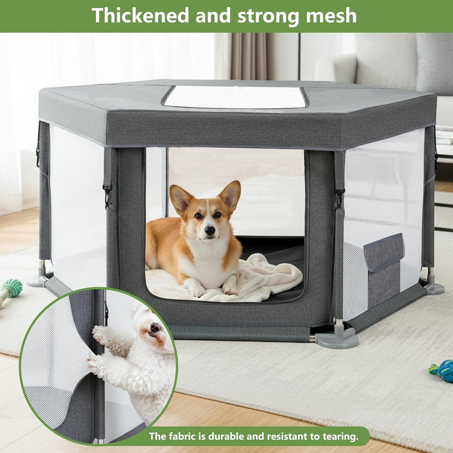 Dog Play Pen Indoors, Puppy Playpen with Cover for Small Dogs & Cats, Puppy Playpen with Gate, Indoor & Outdoor Dog Fence with Thickened Fabric