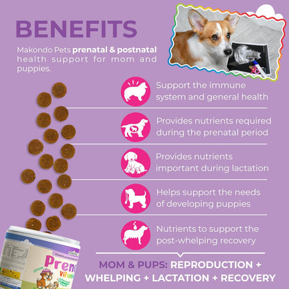 Dog Prenatal Vitamins – 120 Soft Chews Multivitamin, Folic Acid, Zinc, B-Complex, DHA & EPA Omegas and Probiotics Supplement for Pregnant, Nursing Breastfeeding pet – Mom & Puppy Vitamin Formula.