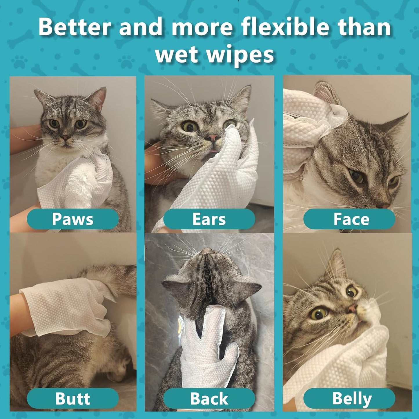 6PCS Unscented Extra Thick Pet Glove Wipes for Dogs & Cats, Dog Cat Washing Cleaning Gloves, Dog Grooming Bath Gloves for Daily Care and Traveling, Rinse Free