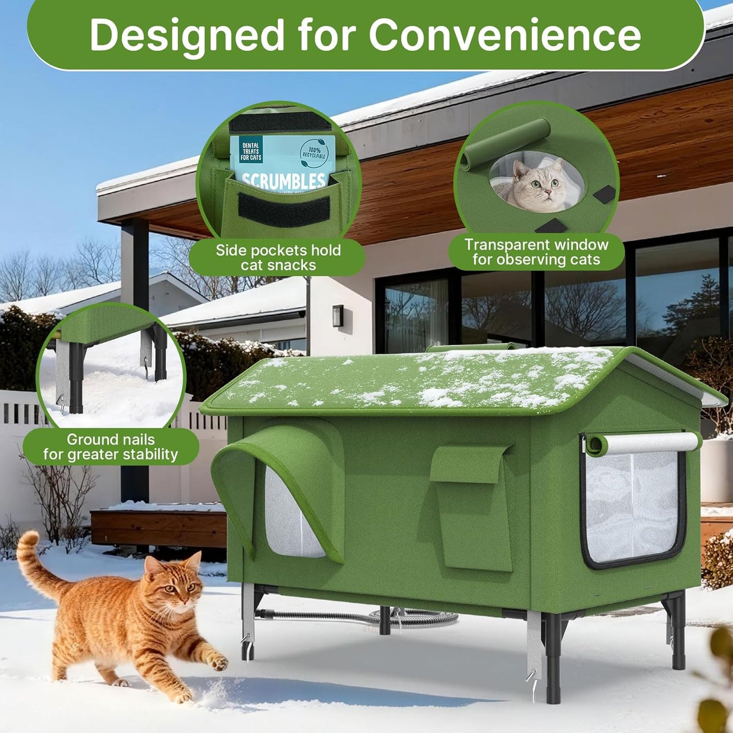 Heated Cat House for Outside - 32" Insulated Cat House Outdoor Weatherproof, Winter Outdoor Cat Shelter with Waterproof Eaves & Escape Door, Elevated Cat Shelter for Feral Stray Cat Kitty, XL