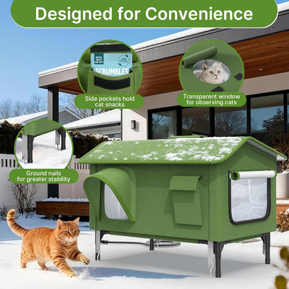 Heated Cat House for Outside - 32" Insulated Cat House Outdoor Weatherproof, Winter Outdoor Cat Shelter with Waterproof Eaves & Escape Door, Elevated Cat Shelter for Feral Stray Cat Kitty, XL