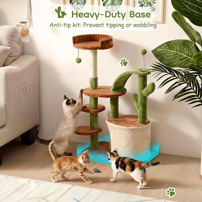Cactus Cat Tree for Indoor Cats, Multi-Level Tower with Sisal Scratching Posts, Stable Cat Condo with Perches and Steps, 36.6", Brown