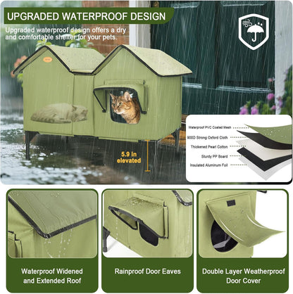 Heated Outdoor Cat House Weatherproof for Winter - Extra Large Heated Cat House for Outside, Elevated Bed, Escape Door, Fully Insulated Feral Cat Shelter for Multiple Cats Small Dogs, Easy Assembly