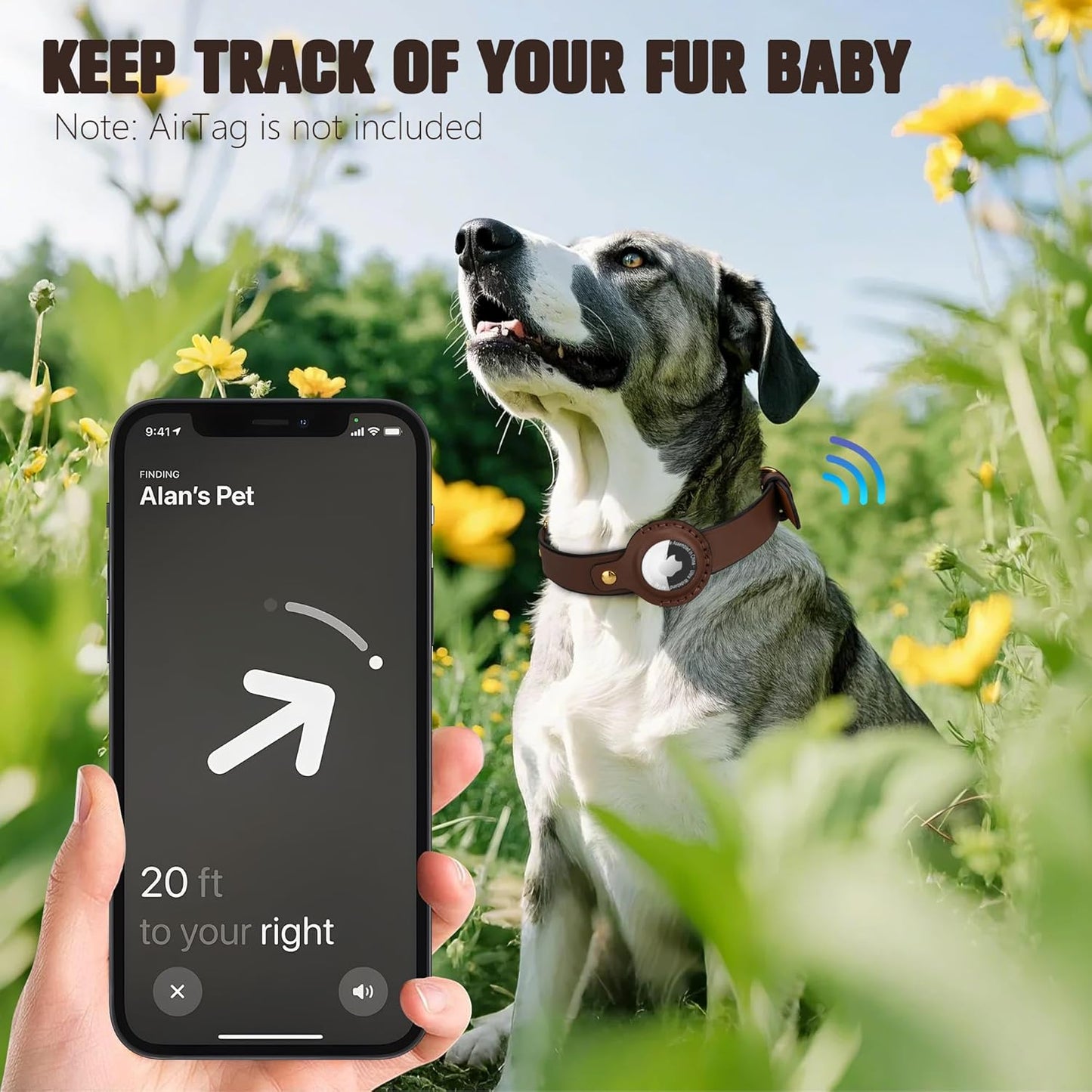 AirTag Dog Collar - Genuine Heavy Duty Leather Dog Collar with Apple AirTag Holder, Suitable for Small Medium Large Dogs (Brown, M, 13.6"-17.6" Neck Fit)