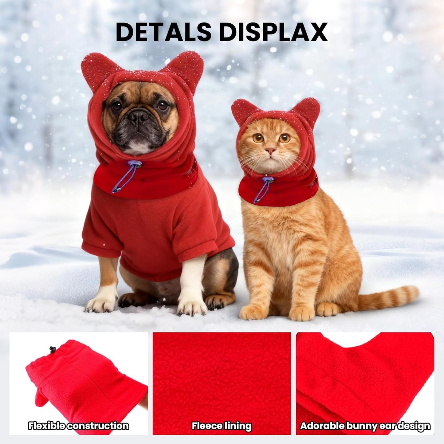 Dog Snood Winter Hood with Ear Protection, Fleece Neck Warmer for Dogs, (Red, Small)